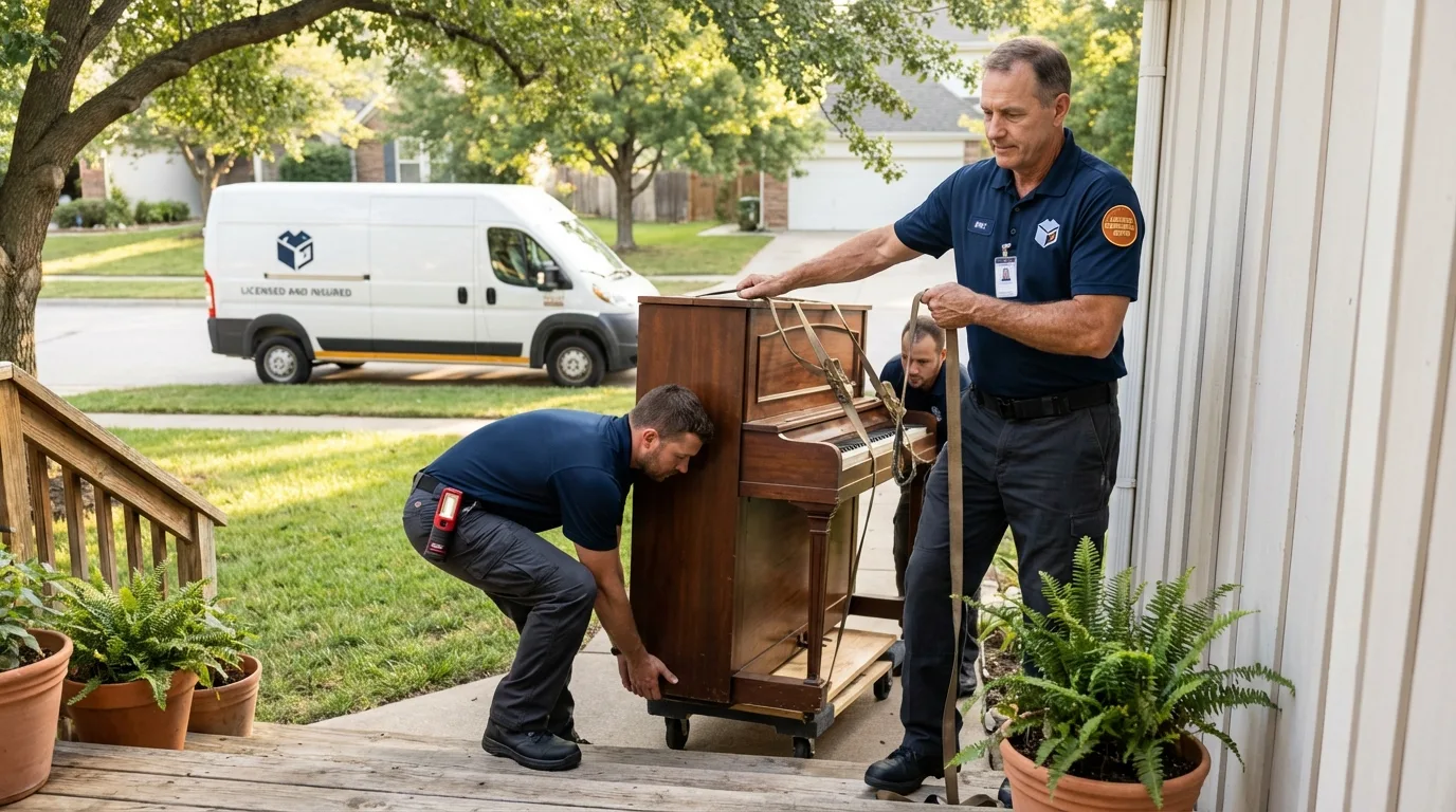 Licensed piano movers securing grand piano in Payette, ID