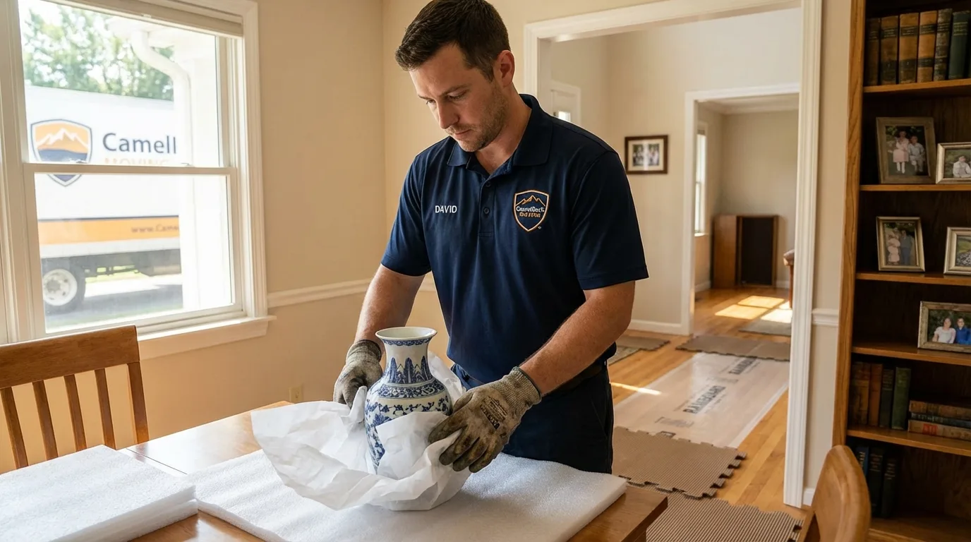 Professional crew carefully wrapping antique vase for senior downsizing move in Payette, ID